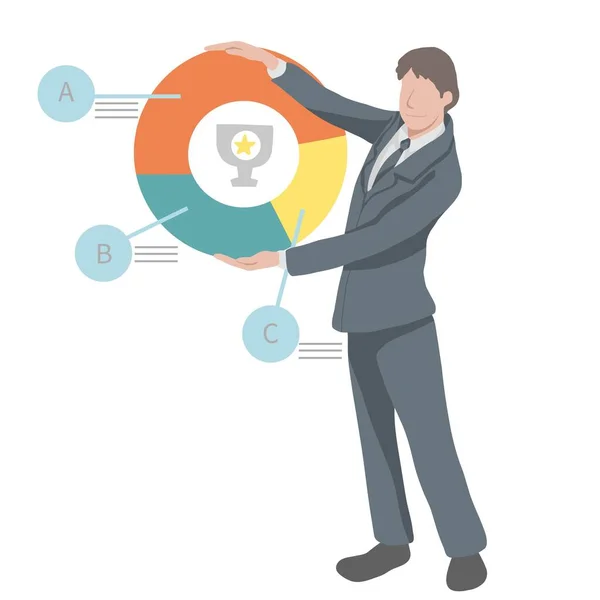 Business Man Prezentující Kruhový Diagram Graf Vektorové Ilustrace Obchodní Koncept — Stockový vektor