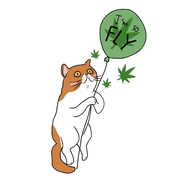 Katze Fliegt Mit Marihuana Ballon Cartoon Vektor Illustration — Stockvektor