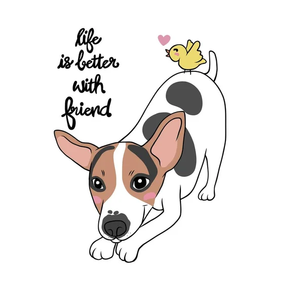 Jack Russell Terrier Köpeği Küçük Kuş Arkadaşı Hayat Karikatür Çizimi — Stok Vektör