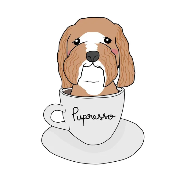 咖啡杯中的狮子狗 带有Pupresso字卡通矢量插图 — 图库矢量图片