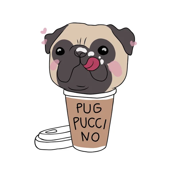 Pug Dog Coffee Cup Pugpuccino Word Cartoon Vector Illustration — Stockvektor