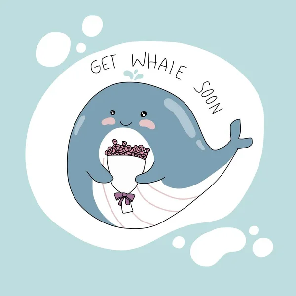 Get Whale Wkrótce Słowo Wektor Kreskówki Ilustracja Styl Doodle — Wektor stockowy