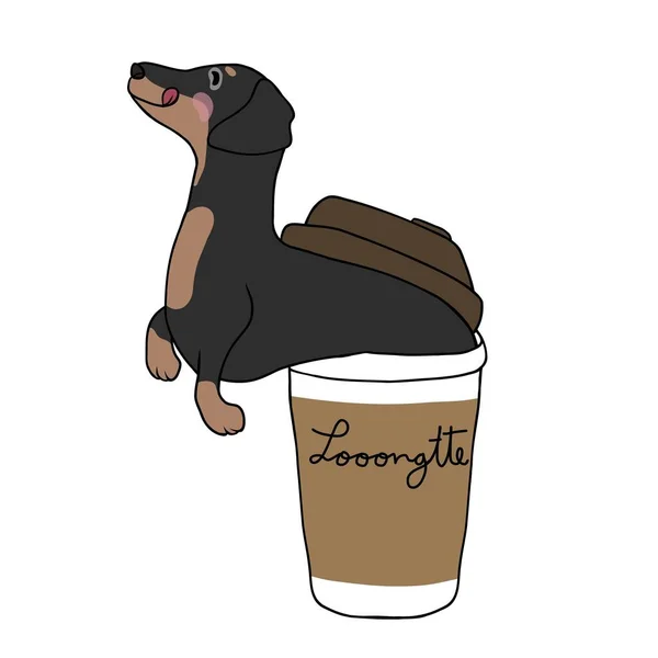 Dachshund Dog Coffee Cup Looooongtte Word Cartoon Vector Illustration — Stock vektor