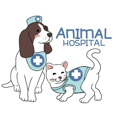 Köpek ve Kedi Hayvan Hastanesi çizgi film vektör çizimi