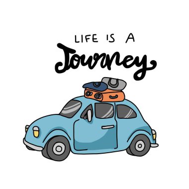Hayat bir yolculuktur, klasik araba vektör çizimi ile seyahat etmek.