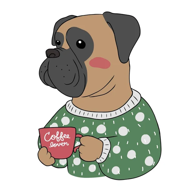 Boxer Hund Trinkt Kaffee Cartoon Vektor Illustration — Stockvektor