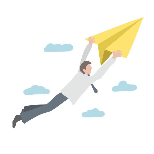 Business man flying by paper airplane vector illustration, Business concept