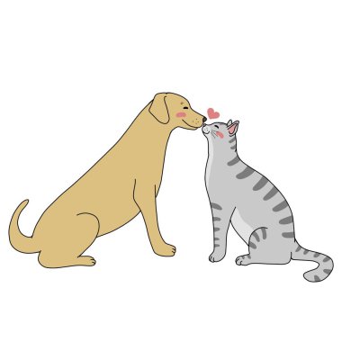 Kedi ve Golden Retriever köpeği birbirlerini seviyorlar. Çizgi film vektör çizimleri.