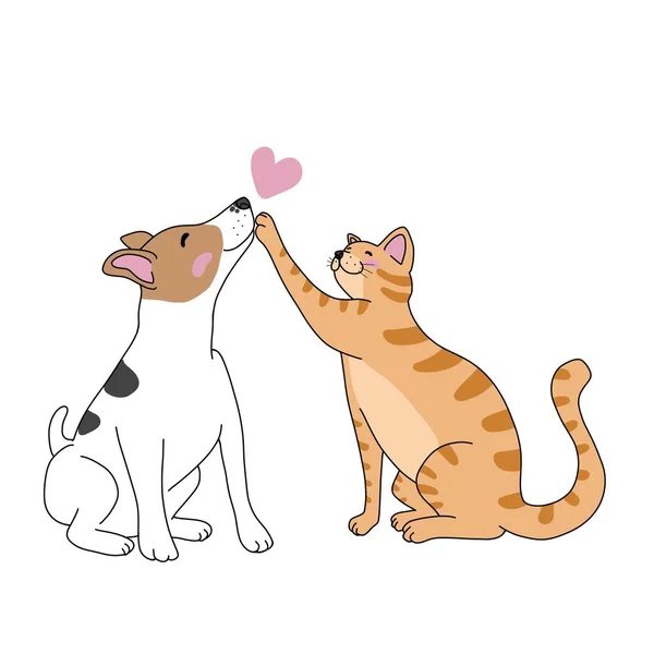 Cat Jack Russell Terrier Dog Love Each Other Cartoon Vector — Vector de stock