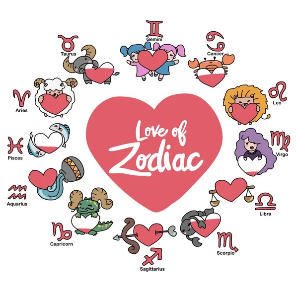 Love Zodiac Set Cartoon Vector Illustration Doodle Style — Stock Vector