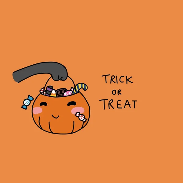 Katzenhand Trägt Süßigkeiten Kürbiskorb Trick Treat Cartoon Vektor Illustration — Stockvektor