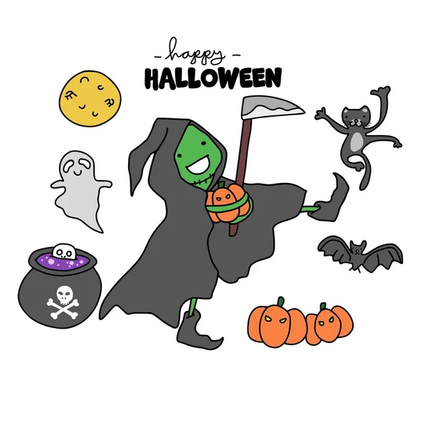 Halloween Death Dancing Doodle Set Cartoon Vector Illustration — Stok Vektör