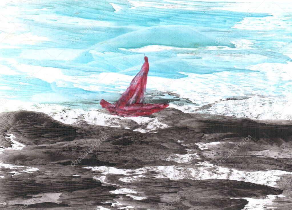 Sailboat at sea. Encaustic wax art hand drawing. Beautiful illustration, waxy background 