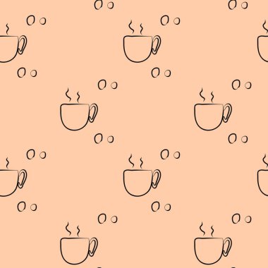 Kahve ve fincanla kusursuz bir şablon. Arkaplan çizimi, kumaş ya da kağıt için dekoratif tasarım. Süs 