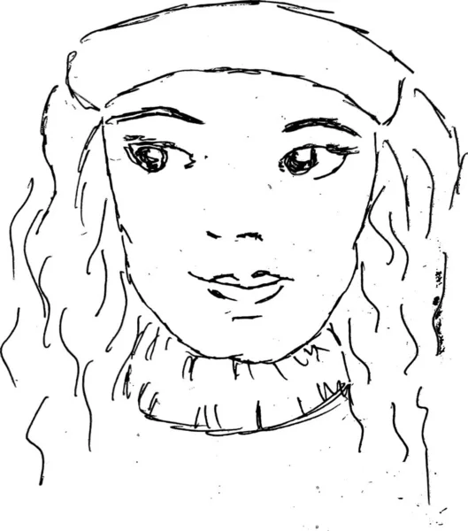 Junge Frau Porträt Handgezeichnete Tusche Retro Illustration Schwarz — Stockvektor