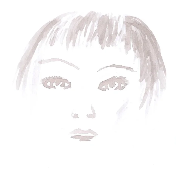 Watercolor Female Face Portrait Sepia Art Decoration Illustration Hand Drawn — Fotografia de Stock