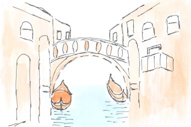 Şehir manzarası, nehirli mimari. Venedik. Suluboya, sanat dekorasyonu, eskiz. Çizim el çizimi 