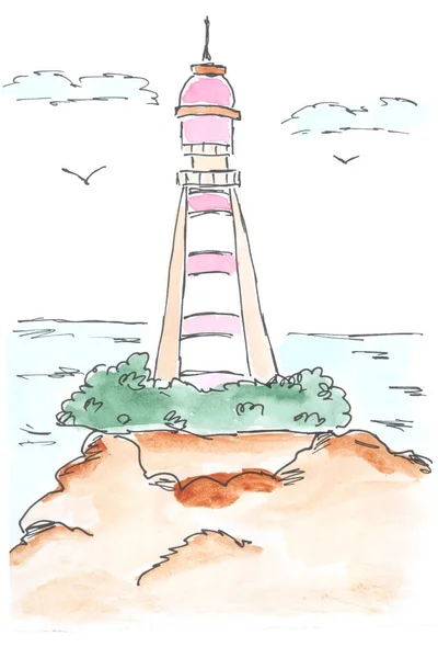 Lighthouse and sea, landscape. Watercolor, art decoration, sketch. Illustration hand drawn