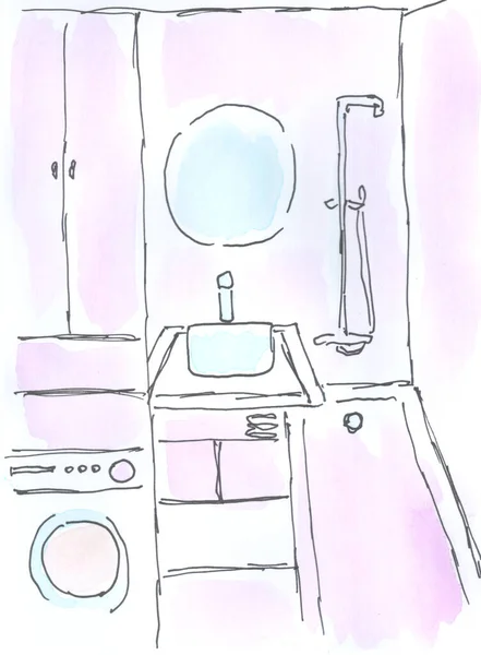 Bathroom interior. Head office. Watercolor, art decoration, sketch. Illustration hand drawn modern new