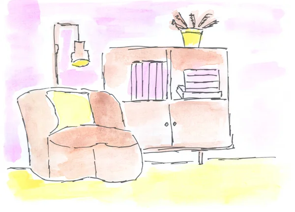 Living room interior. Armchair, wardrobe, floor lamp. Inside the house. Head office. Watercolor, art decoration, sketch. Illustration hand drawn modern new