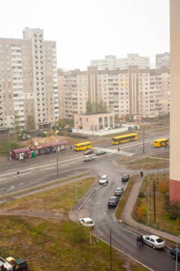 Aerial view of Troyeshchyna district in Kyiv, Ukraine. Autumn, cloudy weather