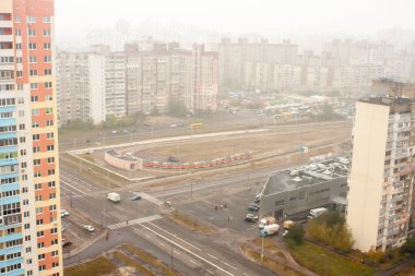 The final stop of the Kyiv tram at Troyeshchina, aerial view. Kyiv, Ukraine