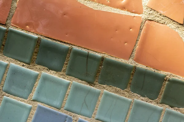 Fragment Mosaic Soviet Period Made Ceramic Tiles Tiles Orange Green — Zdjęcie stockowe
