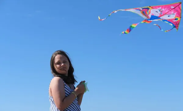 Cute Little Girl Flying Rainbow Kite Sea Beach — Stock Photo, Image