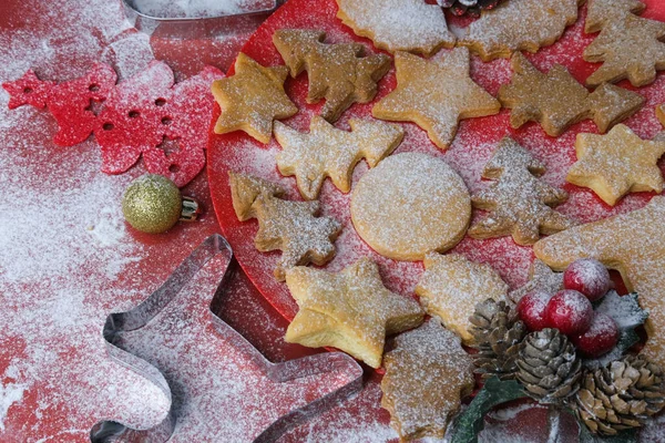 Christmas Still Life Close Gingerbread Cookies Red Background — Stock Photo, Image