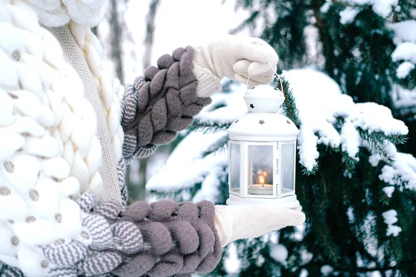 Happy Woman Stands Lantern Her Hands Winter Park Snow Covered — Stock Photo, Image