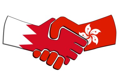 Dalgalı bayraklı ülkelerin el sıkışması. Bahreyn ve Hong Kong arasındaki iş ortaklığı konsepti. Ticari işbirliği, siyasi ilişkiler dostluk ve barış. resimleme