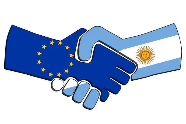 Handslag mot länder med flaggor. Europeiska unionens och Argentinas koncept för affärspartnerskap. Handelspolitiskt samarbete, vänskap och fred. illustration. — Stockfoto
