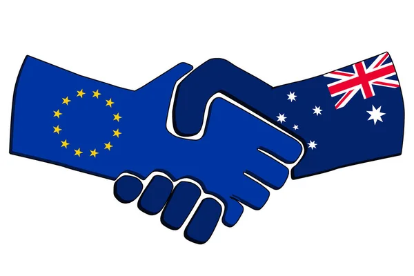 Χειραψία χωρών με σημαίες. Έννοια της εταιρικής σχέσης μεταξύ επιχειρήσεων της Ευρωπαϊκής Ένωσης και της Αυστραλίας. Εμπορική συνεργασία, πολιτικές σχέσεις φιλία και ειρήνη. απεικόνιση. — Φωτογραφία Αρχείου