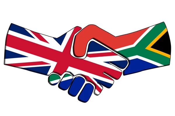 Aperto de mão de países com bandeiras. Conexão de parceria de negócios conceito do Reino Unido e África do Sul. Cooperação comercial, relações políticas amizade e paz. Ilustração. — Fotografia de Stock