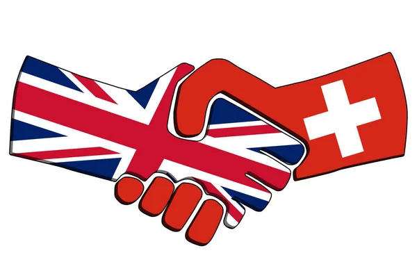 Рукостискання країн з прапорами. Концепція ділового партнерства Сполученого Королівства та Швейцарії. Торгове співробітництво, політичні відносини дружба і мир. Приклад. — стокове фото