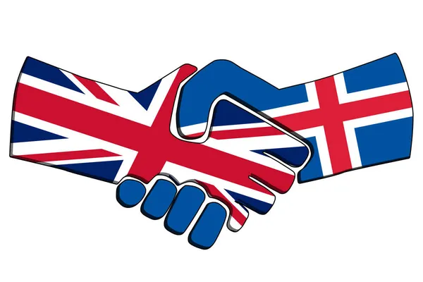 Mano apretada de países con banderas. Concepto de asociación empresarial del Reino Unido e Islandia. Cooperación comercial, relaciones políticas, amistad y paz. ilustración — Foto de Stock