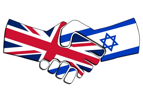깃발을 가지고 나라들 과 악수하는 것. 영국 과 이스라엘의 사업적 제휴 관계 개념이다. 무역 협력, 정치적 관계 우정 과 평화. 비유 — 스톡 사진