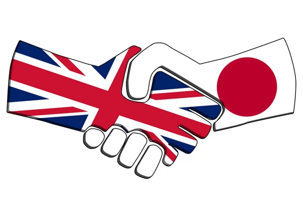 Mano apretada de países con banderas. Concepto de asociación empresarial del Reino Unido y Japón. Cooperación comercial, relaciones políticas, amistad y paz. ilustración — Foto de Stock