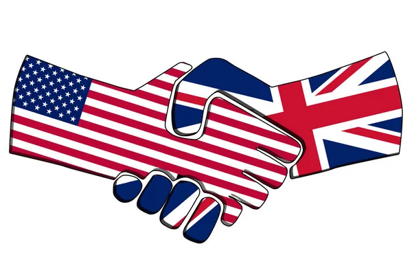 Рукостискання країн з прапорами. Концепція ділового партнерства Сполучених Штатів Америки та Сполученого Королівства. Торгове співробітництво, політичні відносини дружба і мир. Приклад — стокове фото