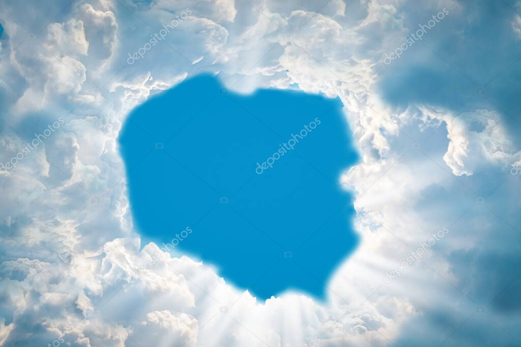 In the sky, clouds have dispersed in the form of a map of Poland. Concept of Divine Omen, Prophecy, Hope, Heavenly Sign for Country and Nation. illustration