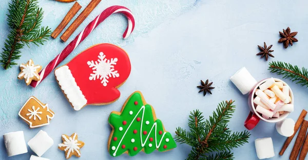 Weihnachtlicher Hintergrund Gruppe Von Lebkuchen Zimt Orange Spielzeug Und Einer — Stockfoto