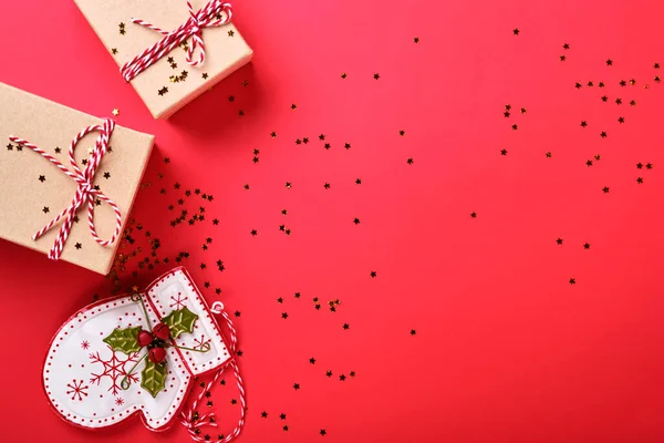 Christmas Presents Box New Year Christmas Flat Lay Top View — Stock Photo, Image