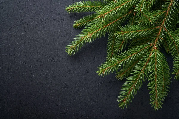 圣诞装饰 假日装饰与灌木 冷杉树枝和呈现在黑暗的黑色背景 边境设计 顶部视图 — 图库照片