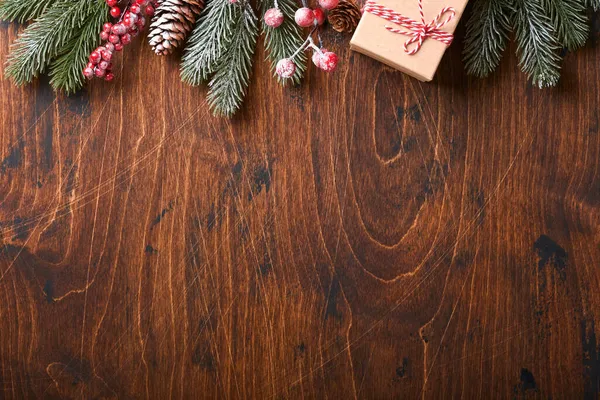 Різдвяні Ялинкові Гілки Різдвяні Кульки Подарункова Коробка Дерев Яні Сніжинки — стокове фото