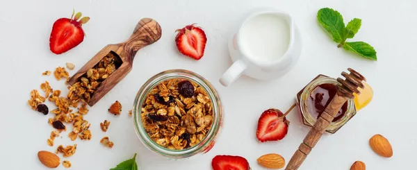 Oatmeal Granola Dried Fruit Chia Seeds Sunflower Honey Glass Jar — Stock Photo, Image