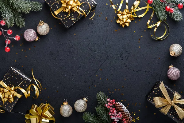 Weihnachtsgeschenkbox Oder Geschenk Mit Schleife Goldenem Konfetti Und Goldenen Kugeln — Stockfoto