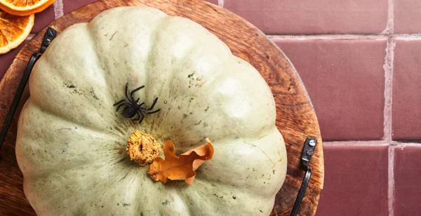 Kürnach Herbst Lebensmittel Hintergrund Mit Zimt Nüssen Und Saisonalen Gewürzen — Stockfoto