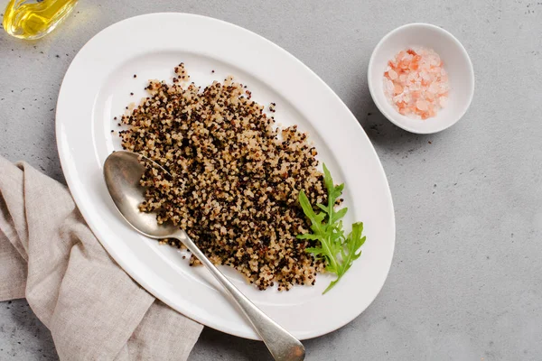 Portion Cooked Quinoa White Red Black White Plate Grey Rustic — Stock Photo, Image