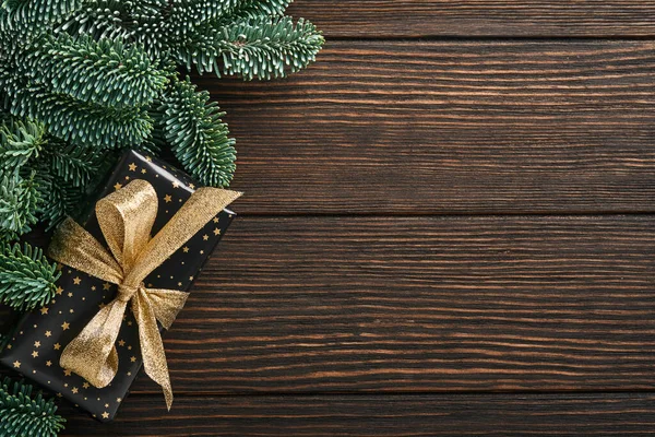 Christmas Fir Tree Branches Christmas Balls Gift Box Wooden Snowflakes — Stock Photo, Image