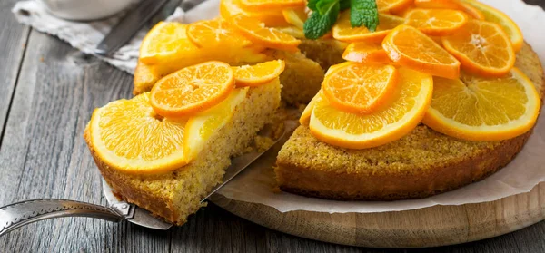 Orange Mandarin Cake Polenta Upside Old Wooden Background Selective Focus — Stock Photo, Image